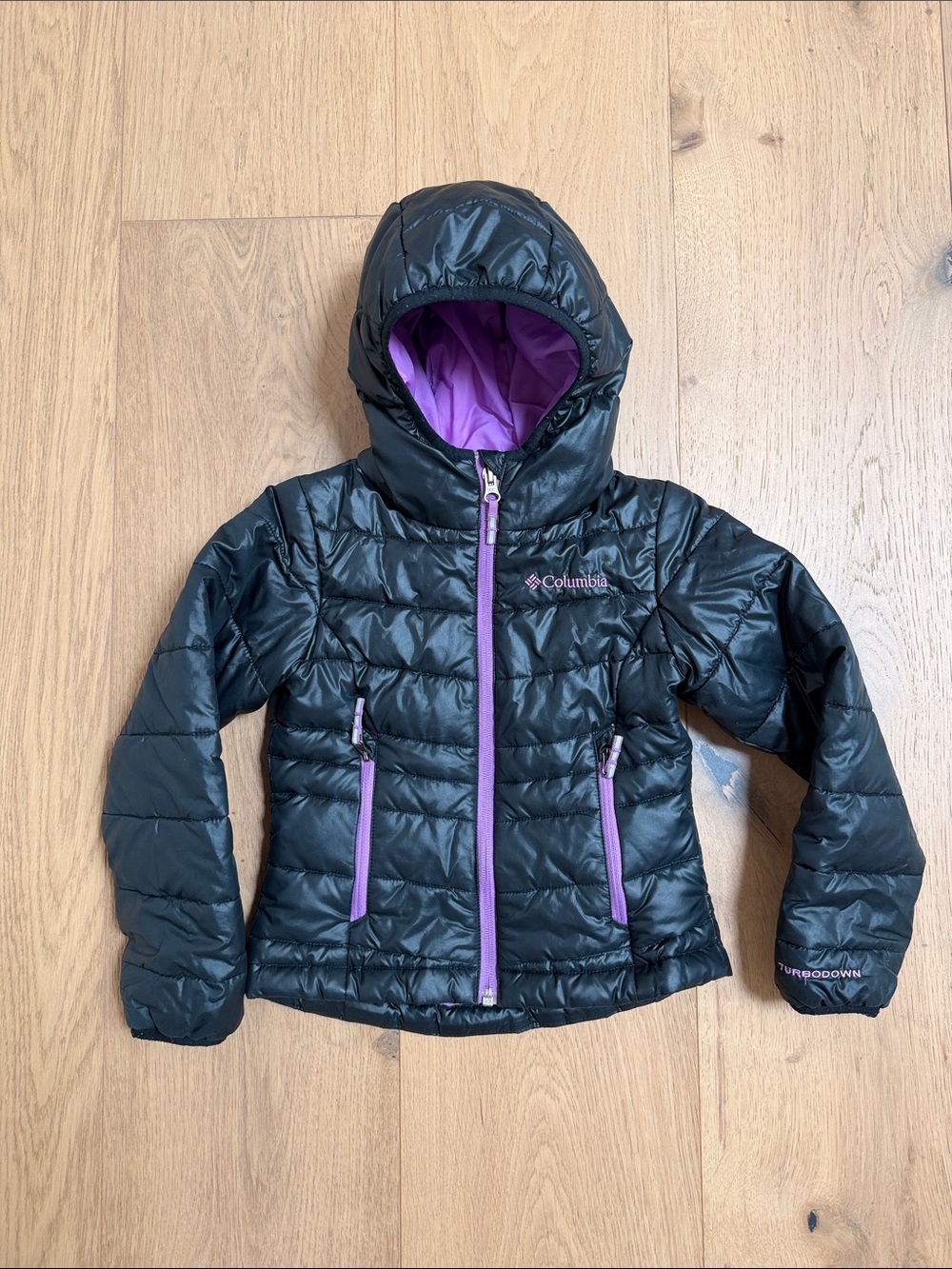 Columbia 550 Turbodown Black Hooded Puffer Jacket + Purple Accents size 4-5